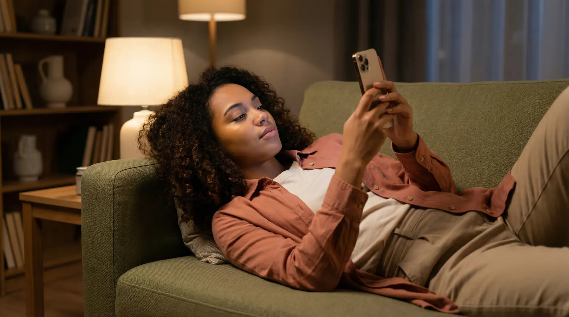 Person sitting alone on a couch staring at their phone screen in a dimly lit room