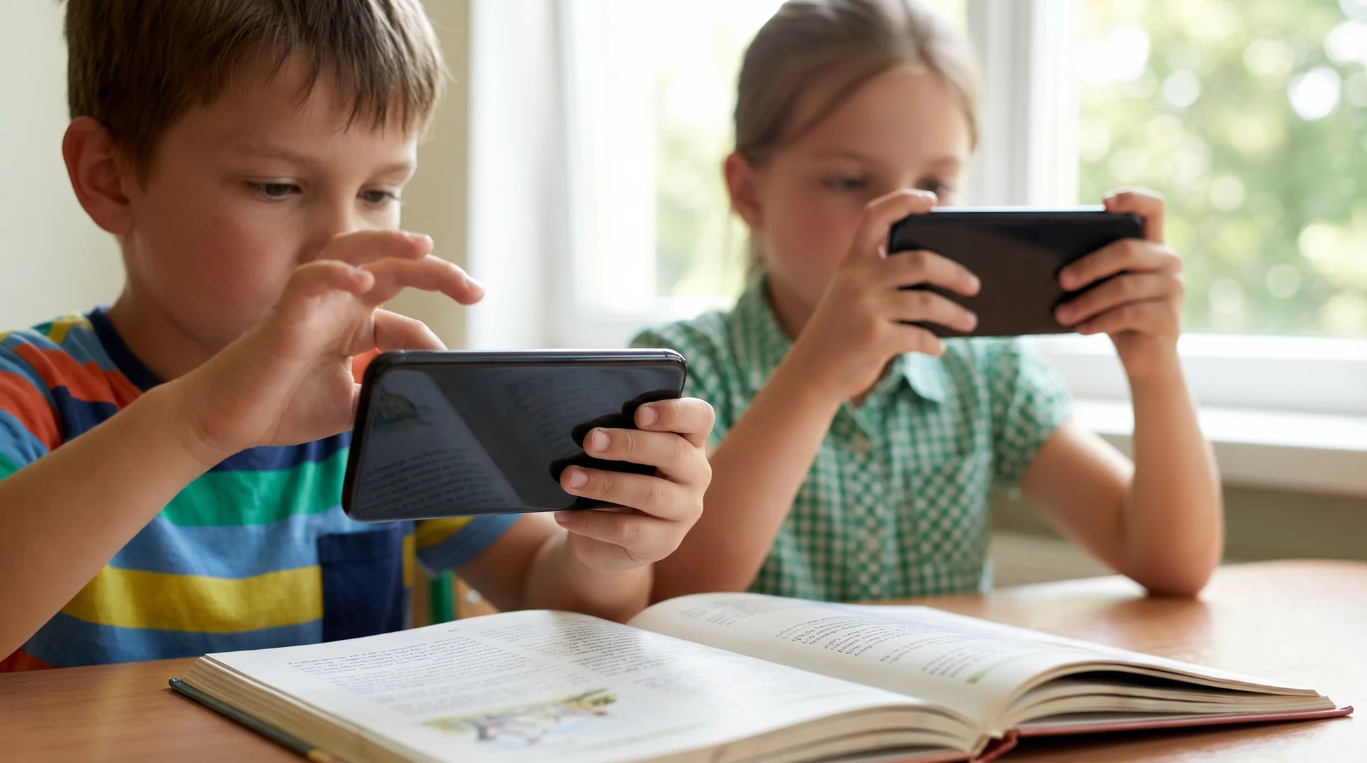 Young child sitting on a couch absorbed in scrolling through a smartphone