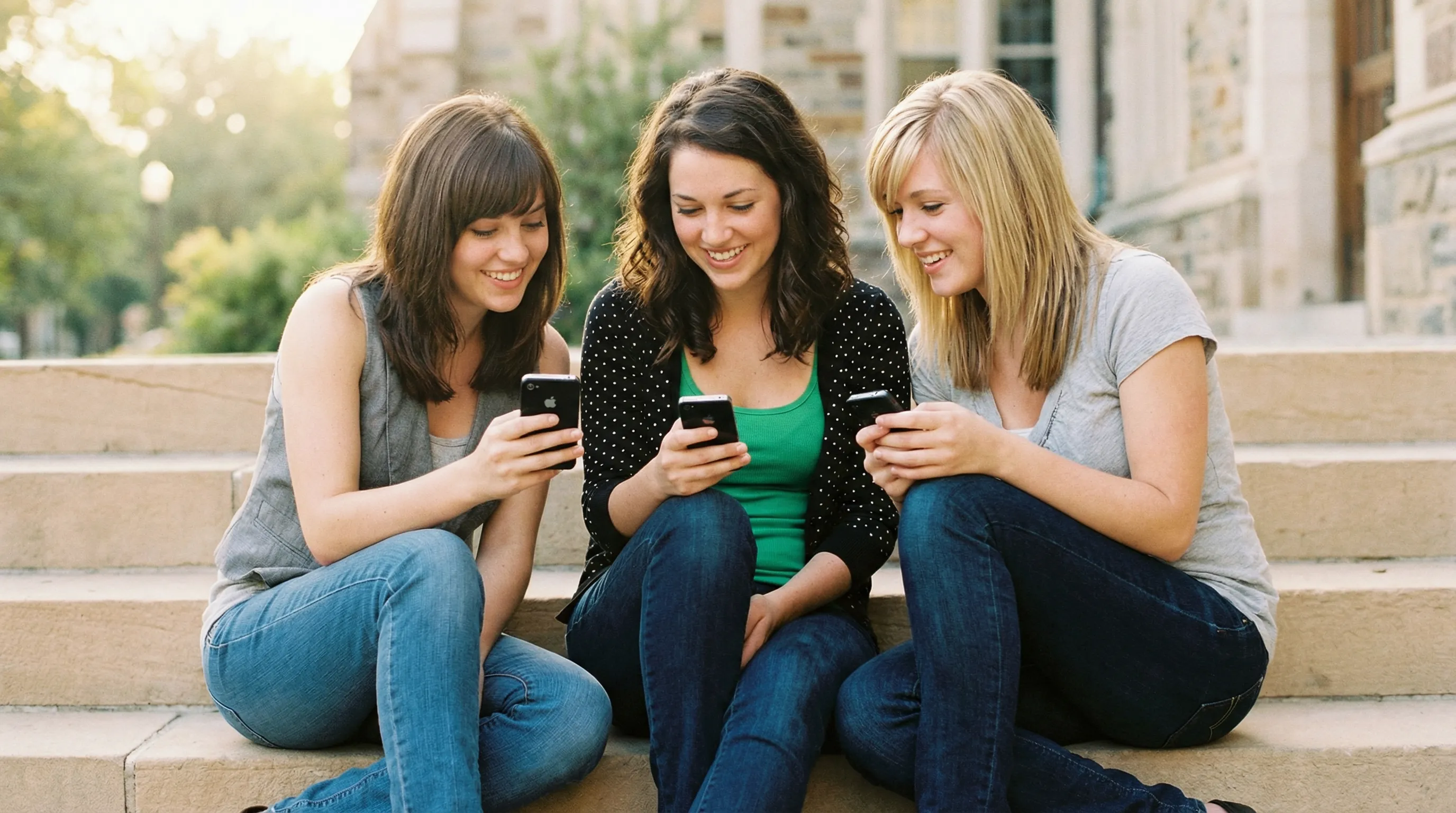 Three young women sitting outdoors together all looking at their smartphones