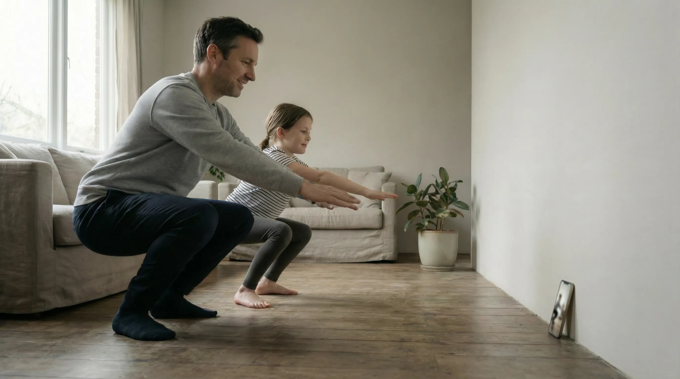 Parent and child earning screen time through exercise together