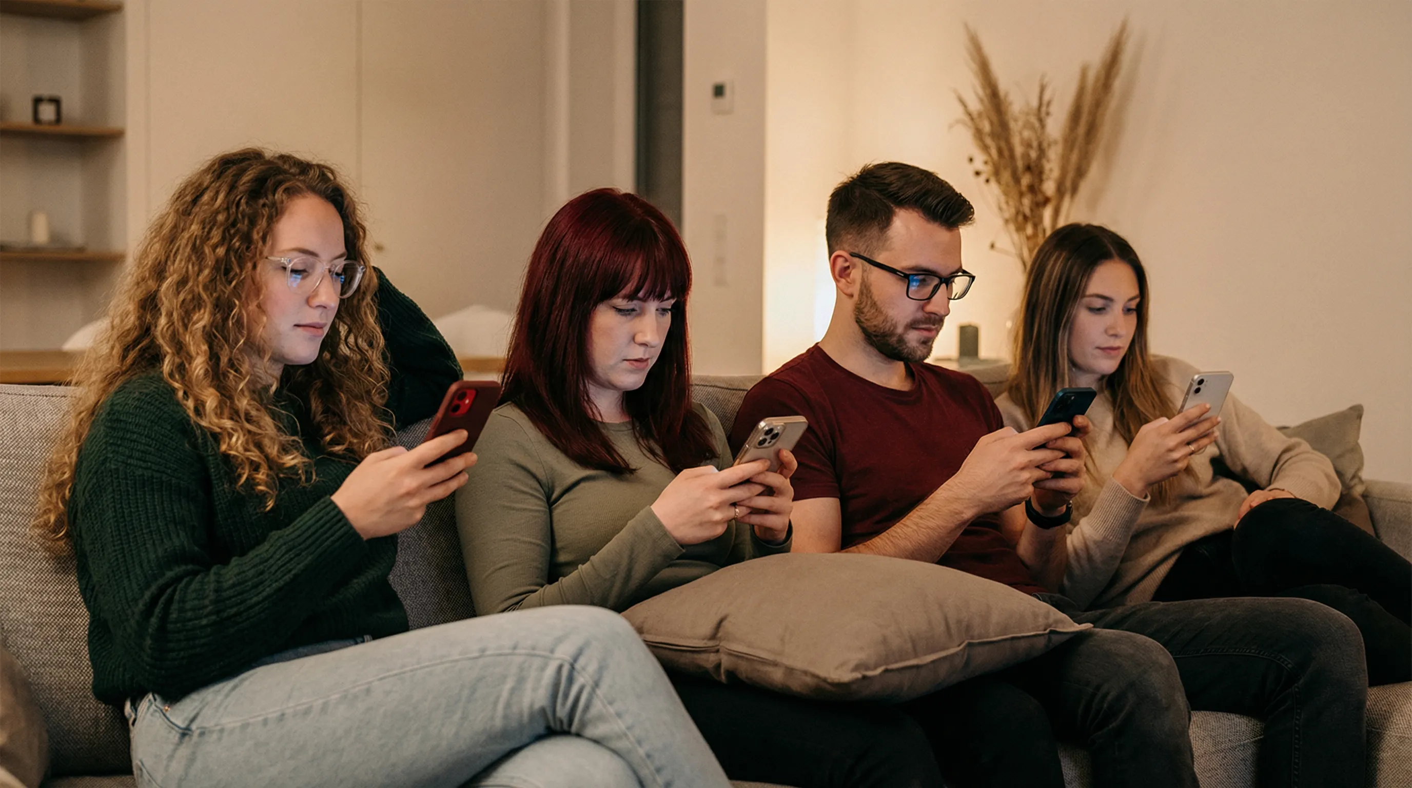 Four people on couch absorbed in individual smartphones showing social isolation from excessive screen use