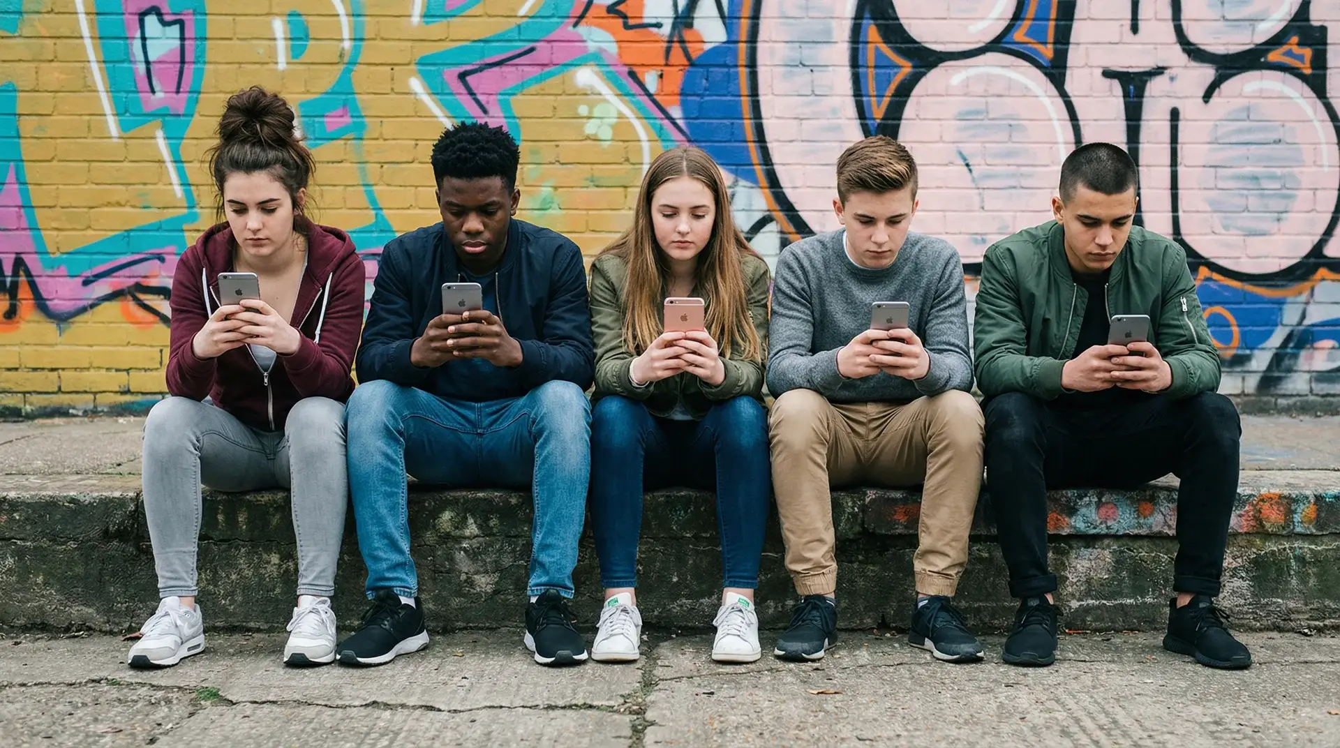 Group of young adults all looking down at their phones instead of talking to each other