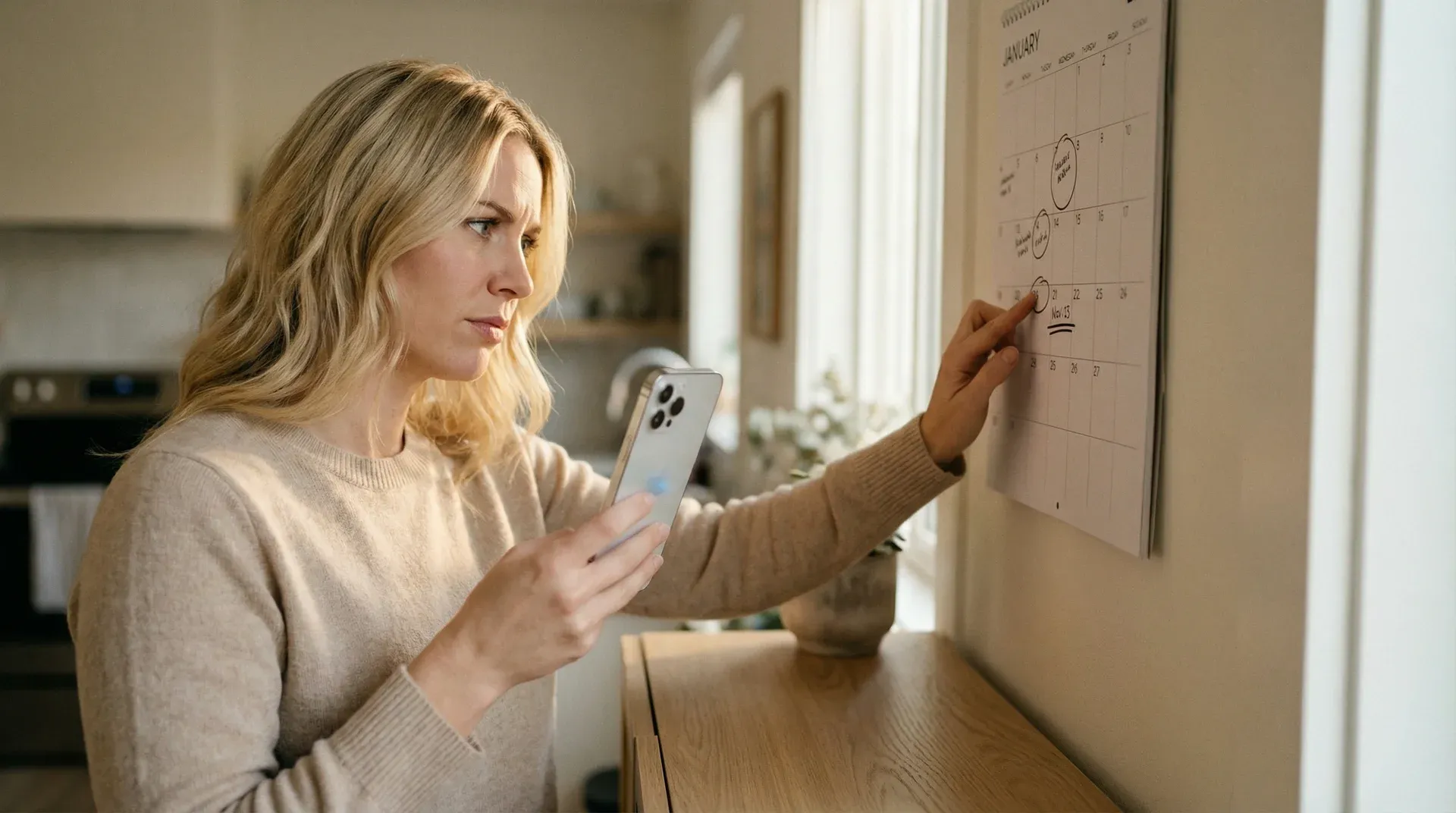 Person looking at a calendar with their phone placed face down on a table beside them