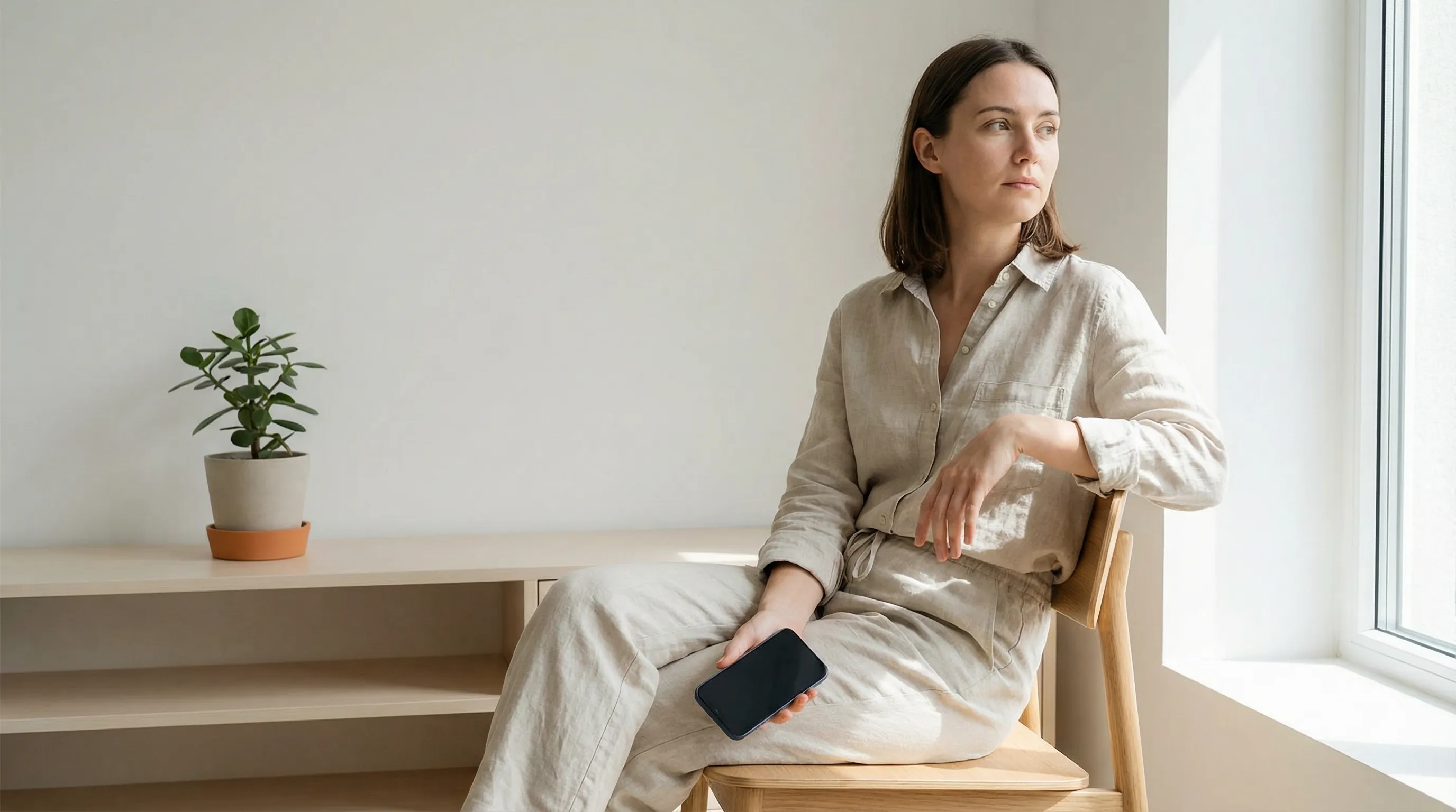 Person pausing thoughtfully before scrolling on smartphone