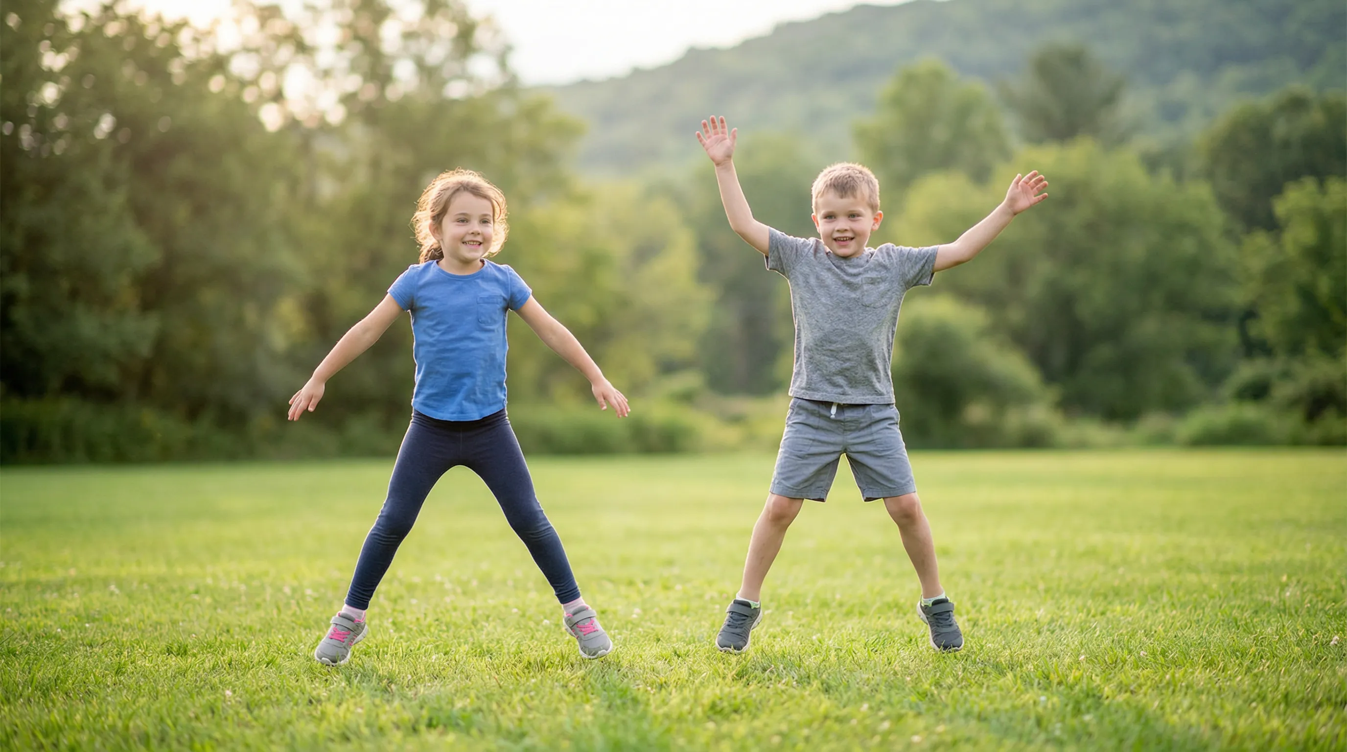 Two happy children doing jumping jacks outdoors in nature earning screen time through physical exercise