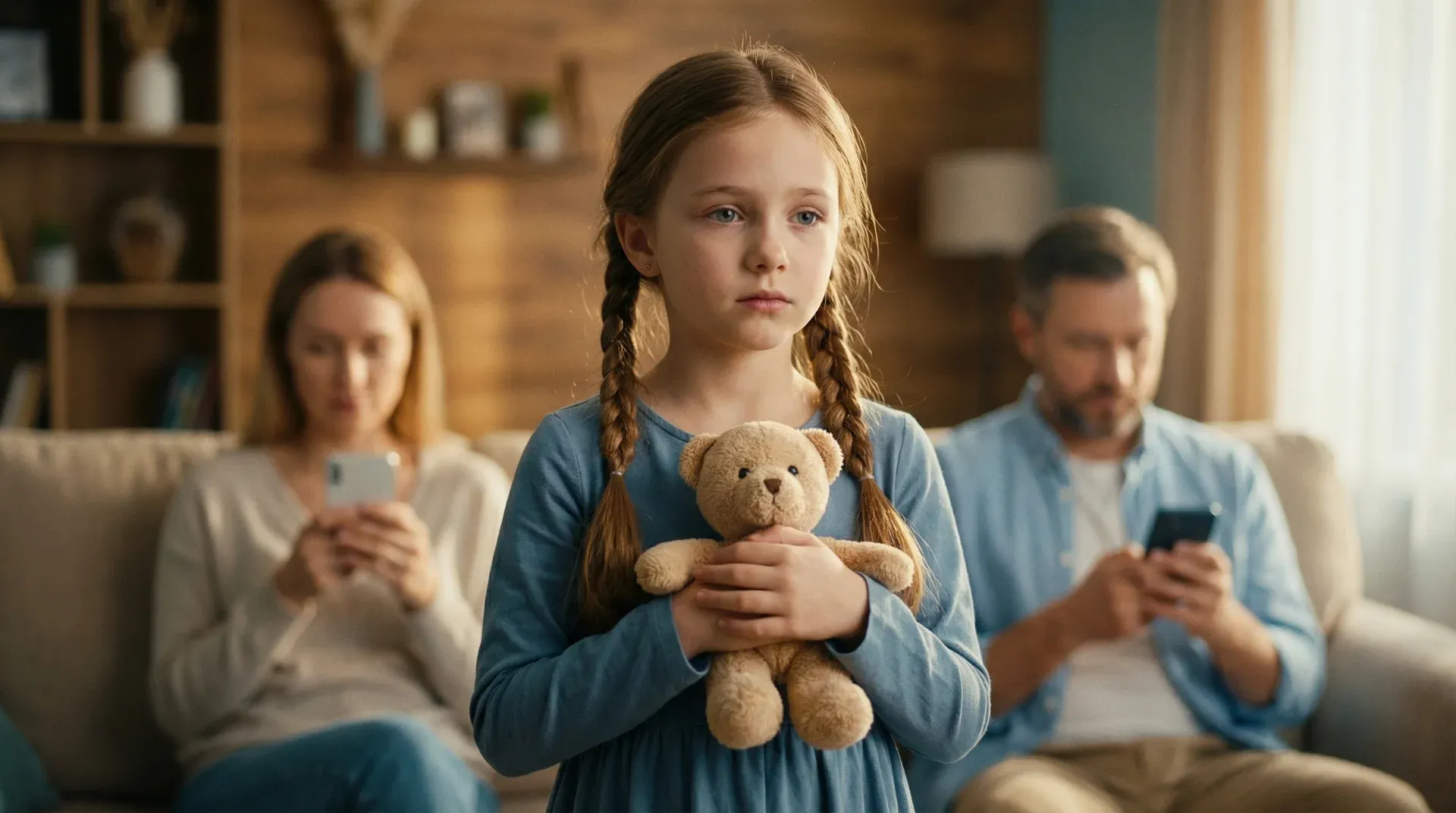 Older parent sitting on a couch scrolling their phone while family members try to get their attention