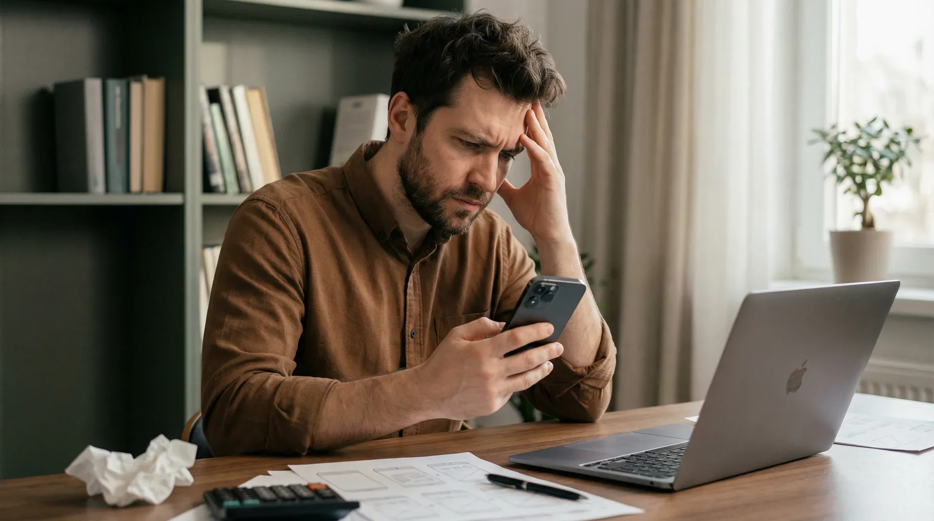Person with ADHD struggling to put down their phone while trying to focus on work