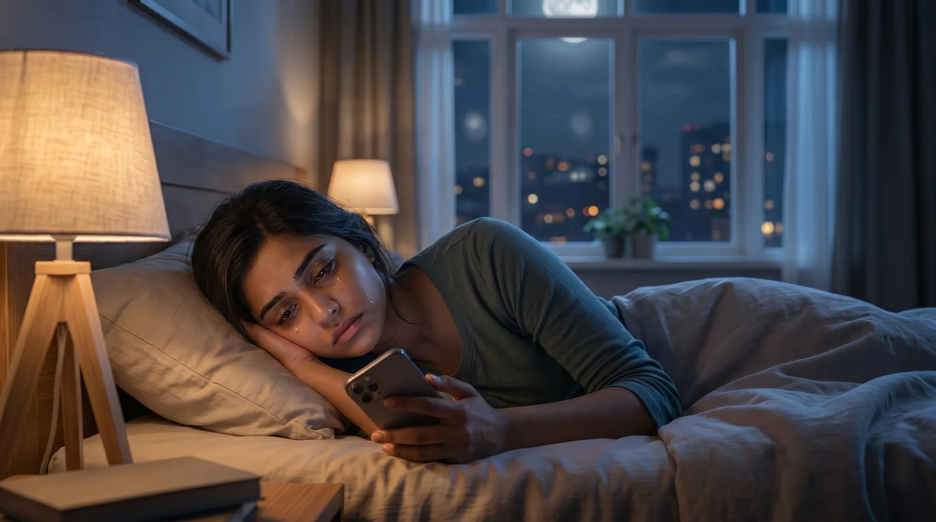 Person sitting alone on a couch scrolling their phone while an empty room surrounds them