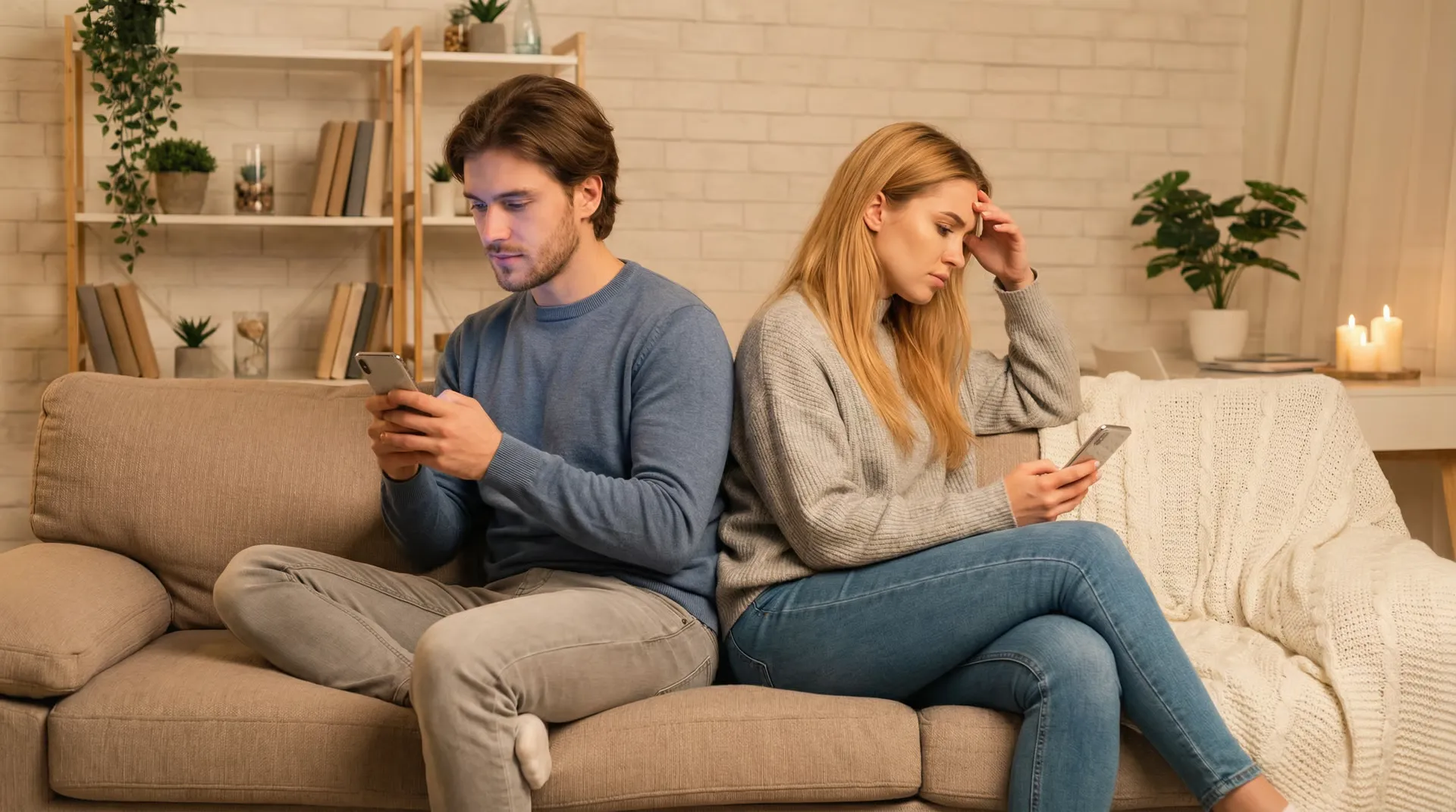 Couple sitting on a couch both looking at their phones instead of talking to each other
