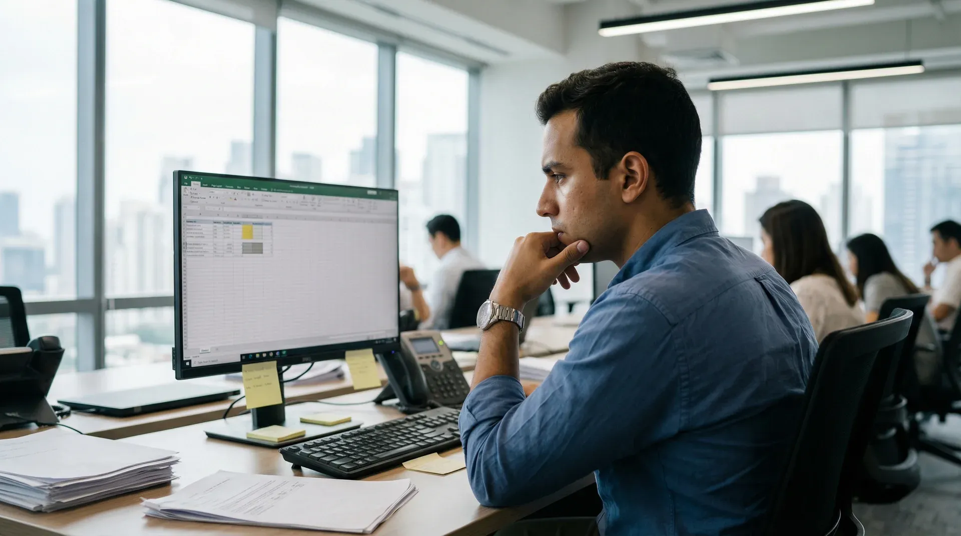 Office worker standing at a desk stretching and looking away from their computer screen during a movement break