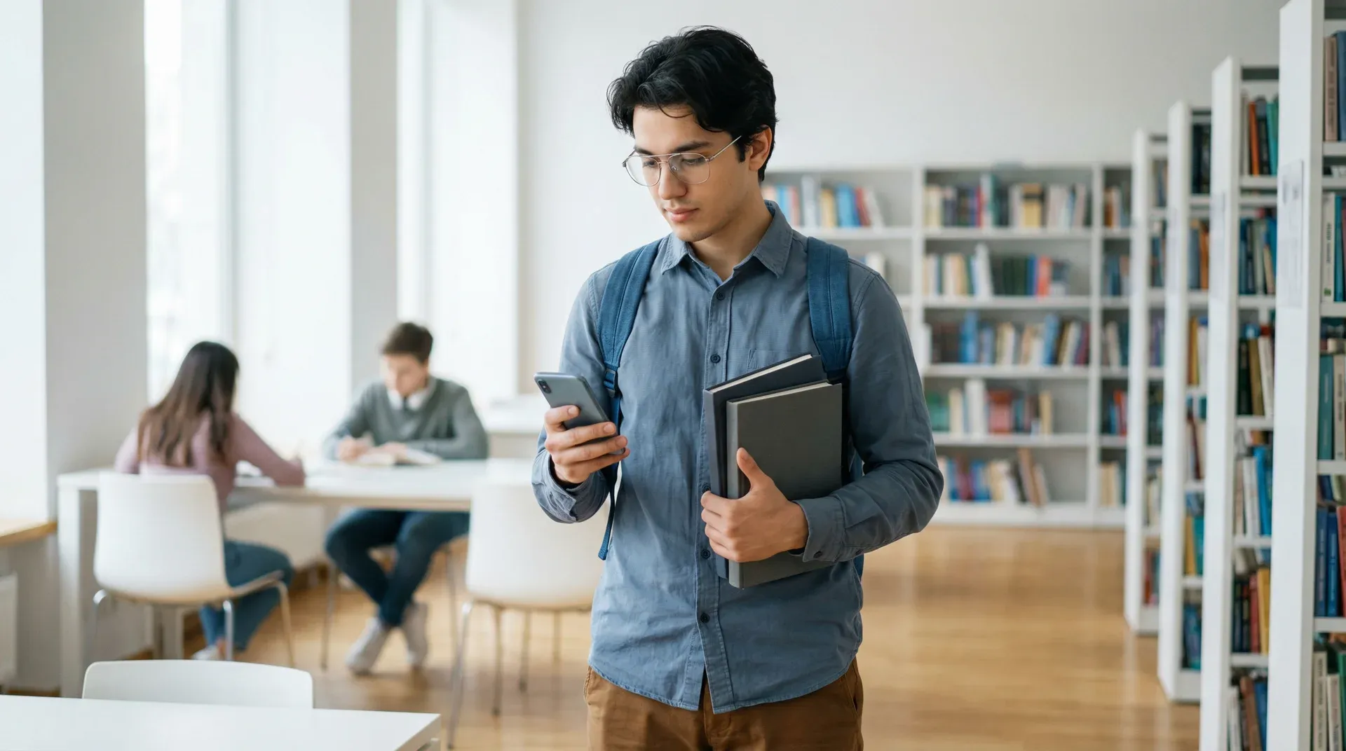 College student studying at a library desk with their phone put away in a bag