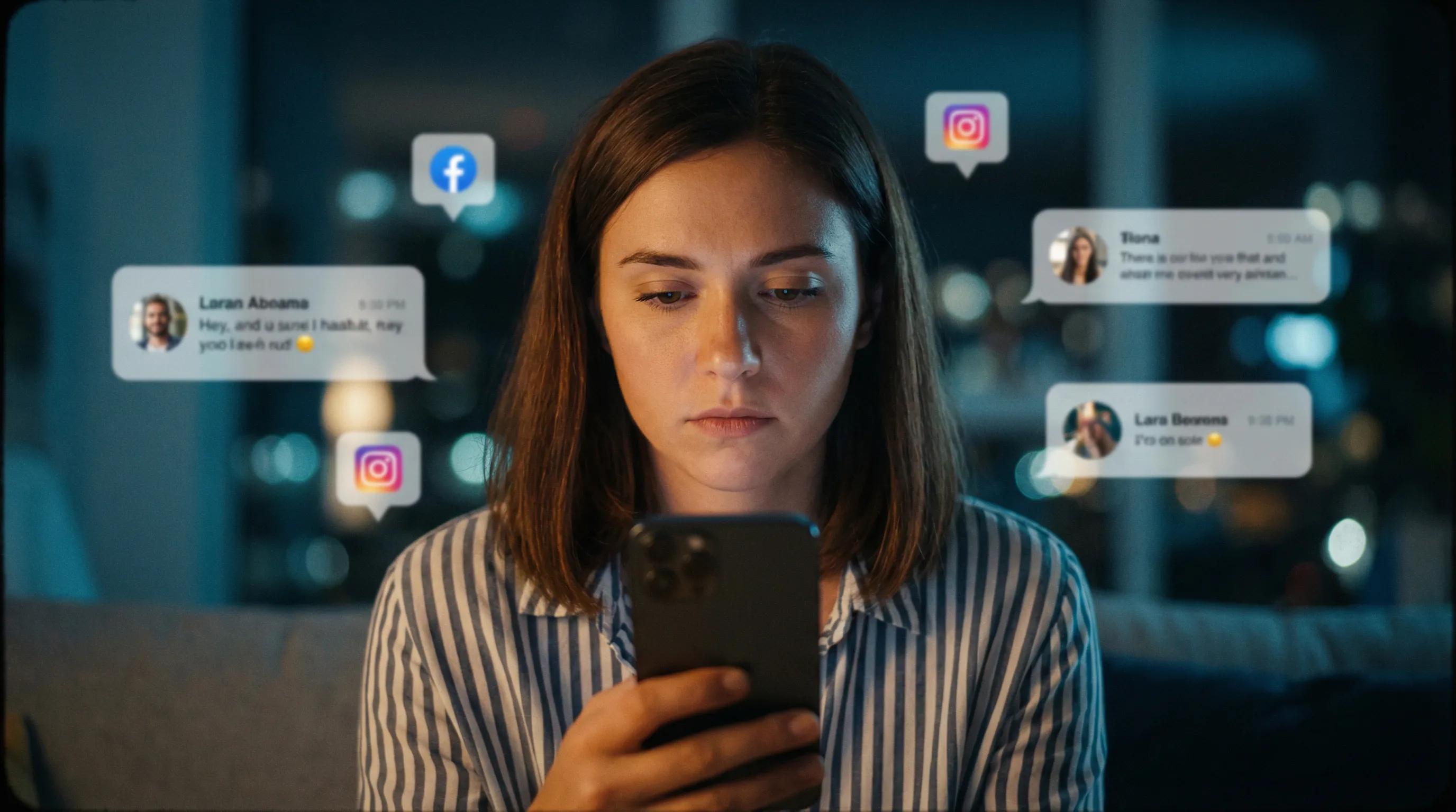 Woman using smartphone at night overwhelmed by social media notifications from Instagram and Facebook showing addiction