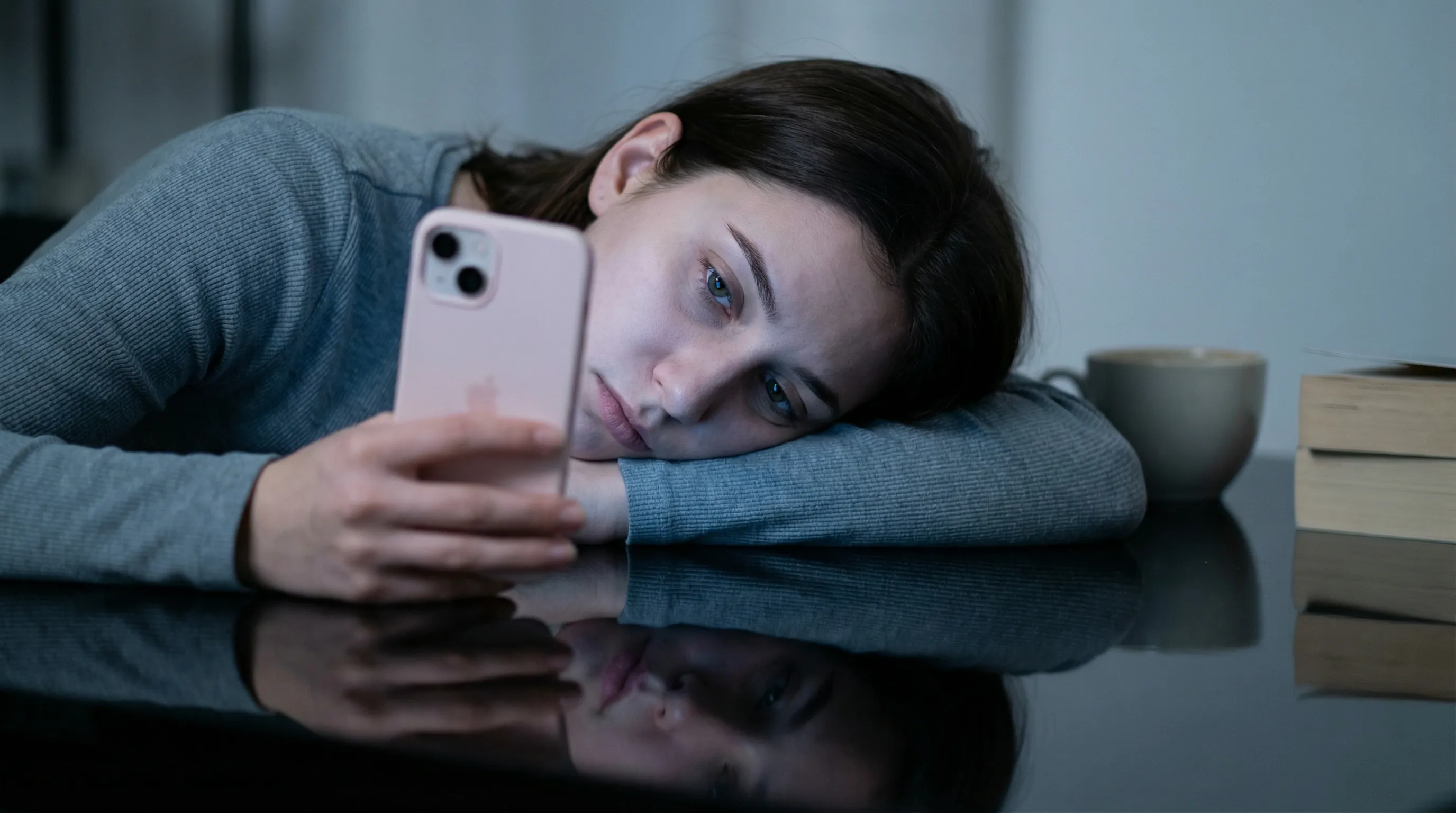 Woman lying on couch exhausted holding smartphone showing depression and anxiety from excessive screen time