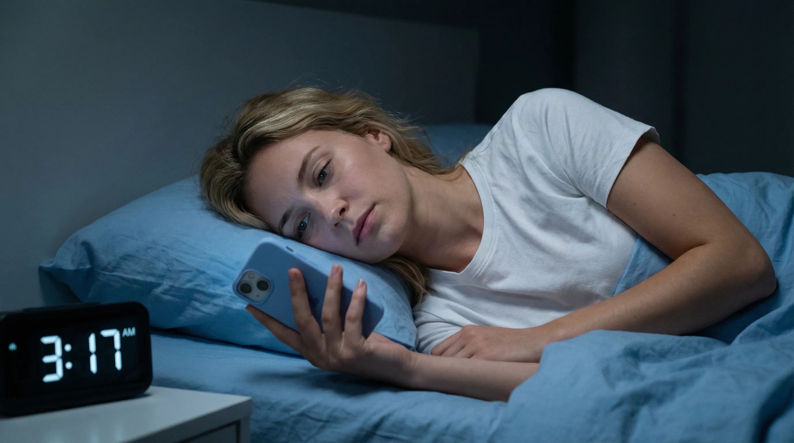 Woman using smartphone in bed at 3:17 AM showing late night screen time disrupting sleep
