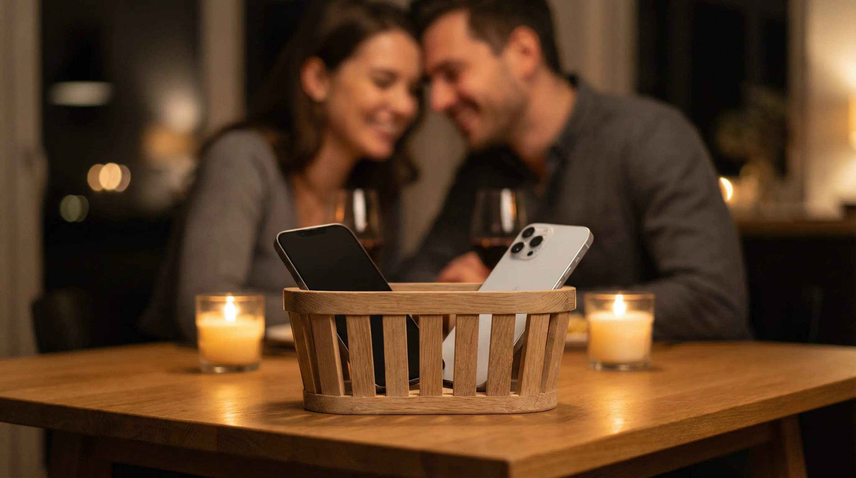 Couple enjoying phone-free dinner with smartphones stored in wooden box showing digital detox freedom