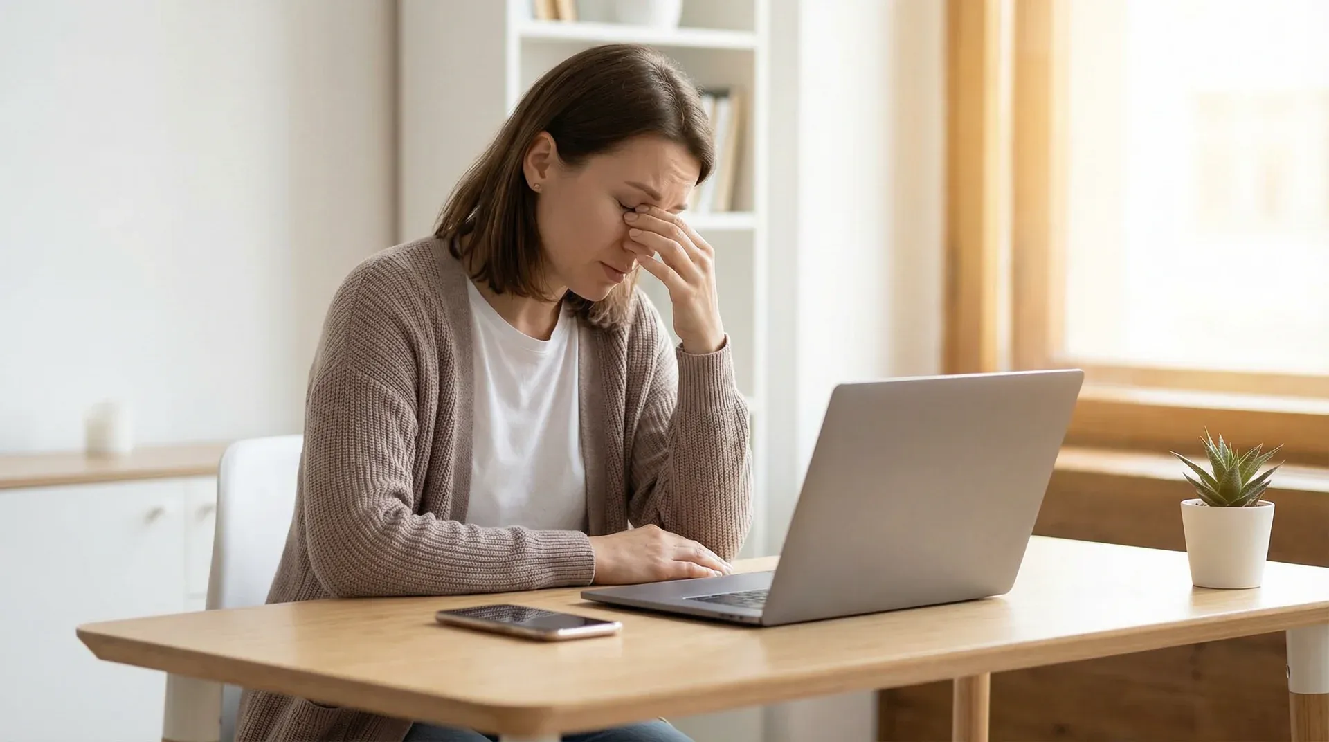Person rubbing their temples and looking away from a computer screen with a dizzy expression