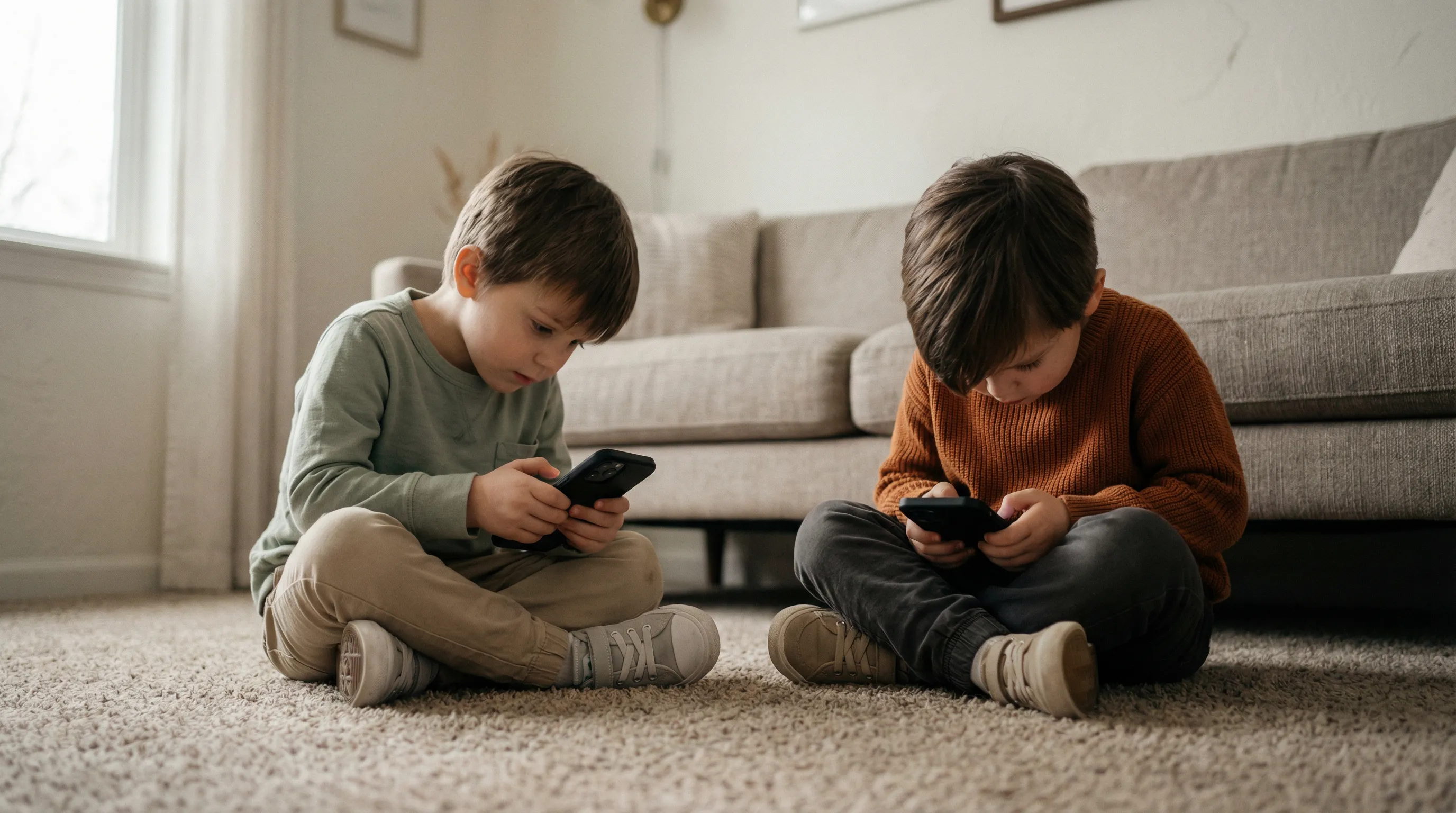 Two young children sitting on living room floor absorbed in their smartphones