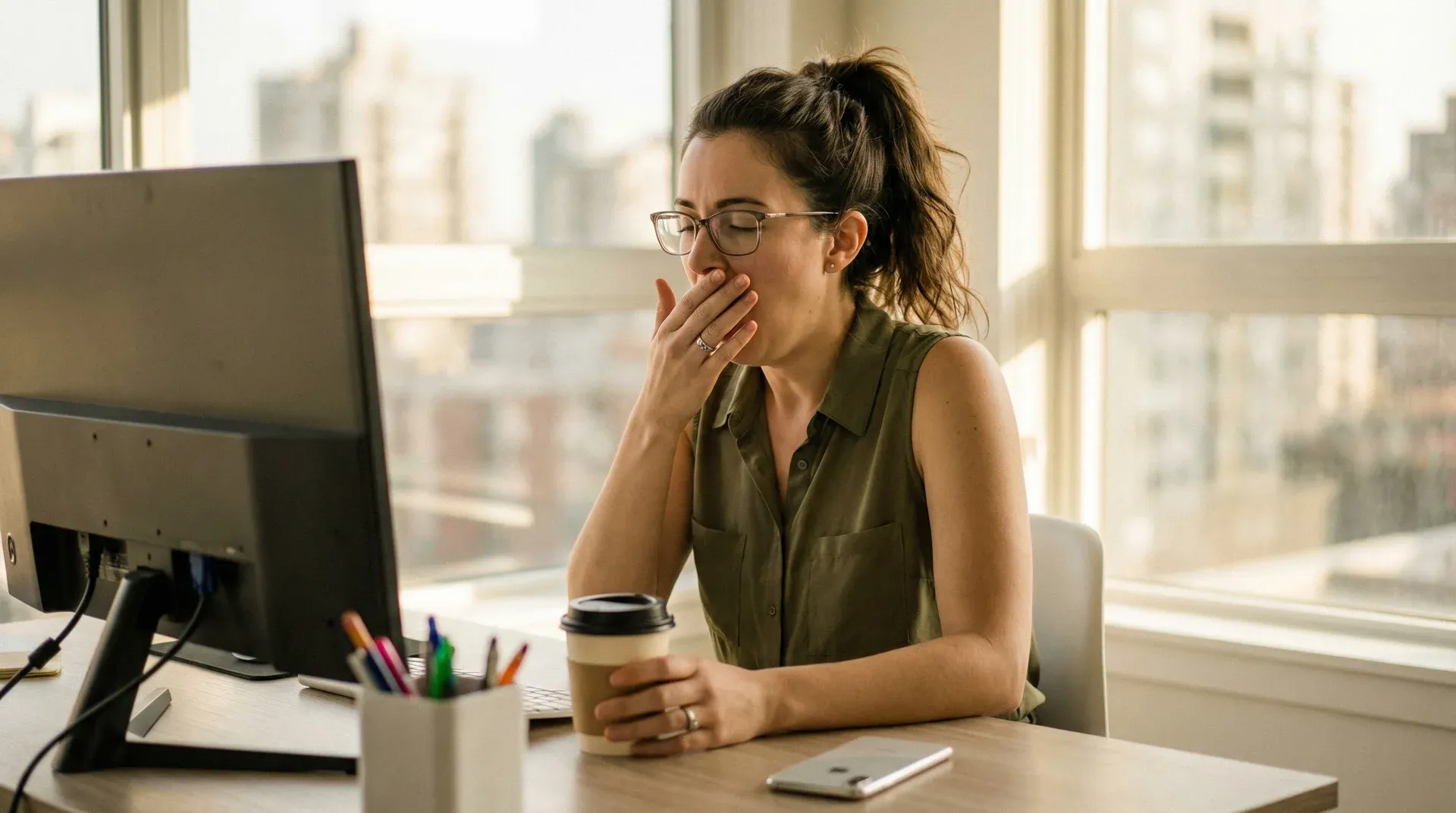 Exhausted person yawning at their desk with a computer screen glowing in front of them