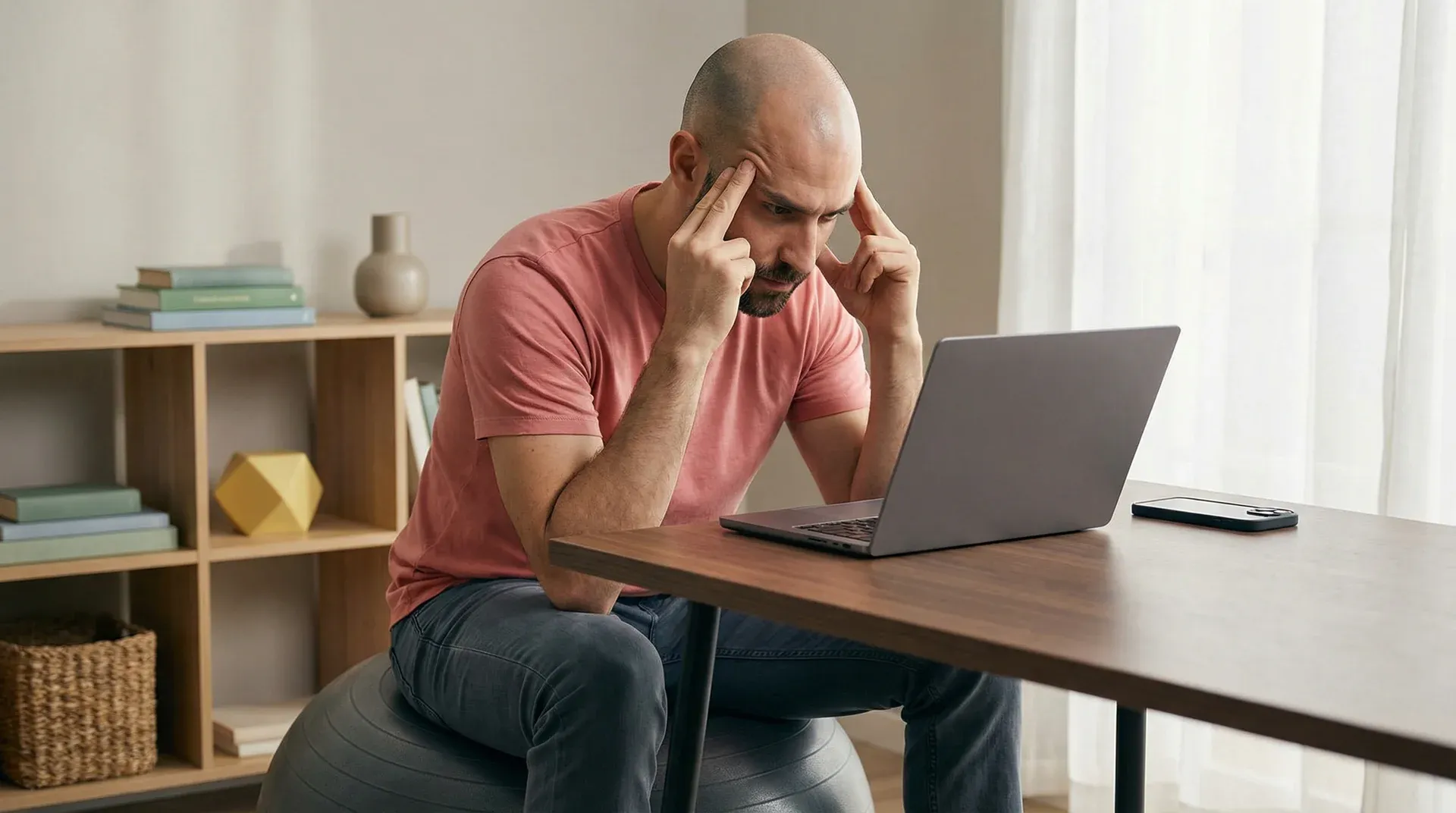 Person pressing their fingers against their temples in pain after staring at a computer screen