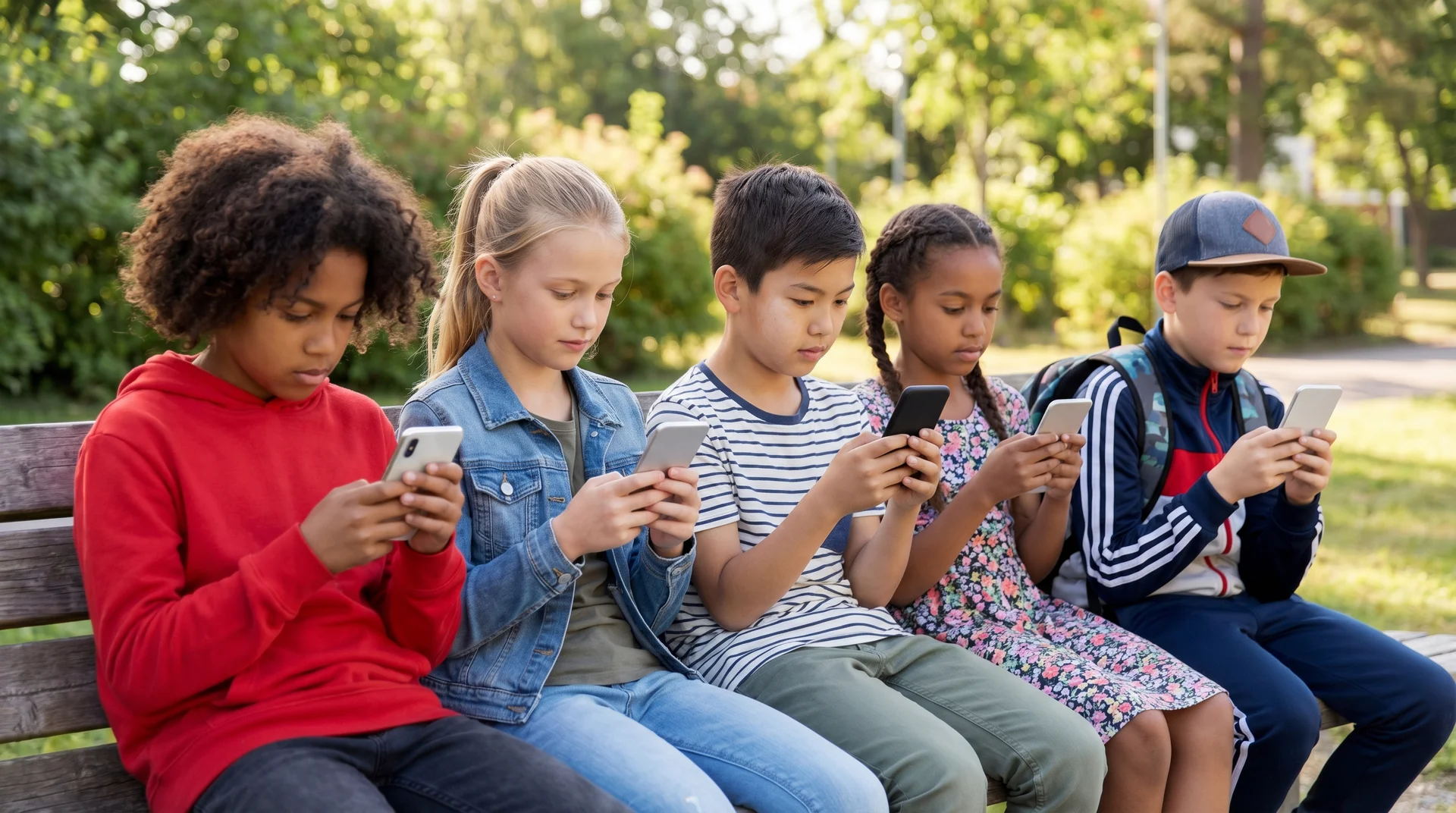 Children of different ages using various screens from tablet to smartphone