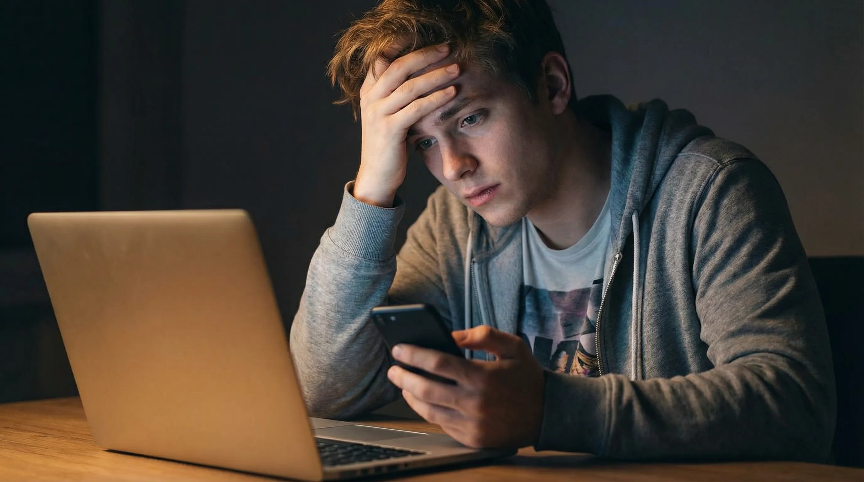 Stressed young man showing anxiety and mental health concerns from excessive screen time