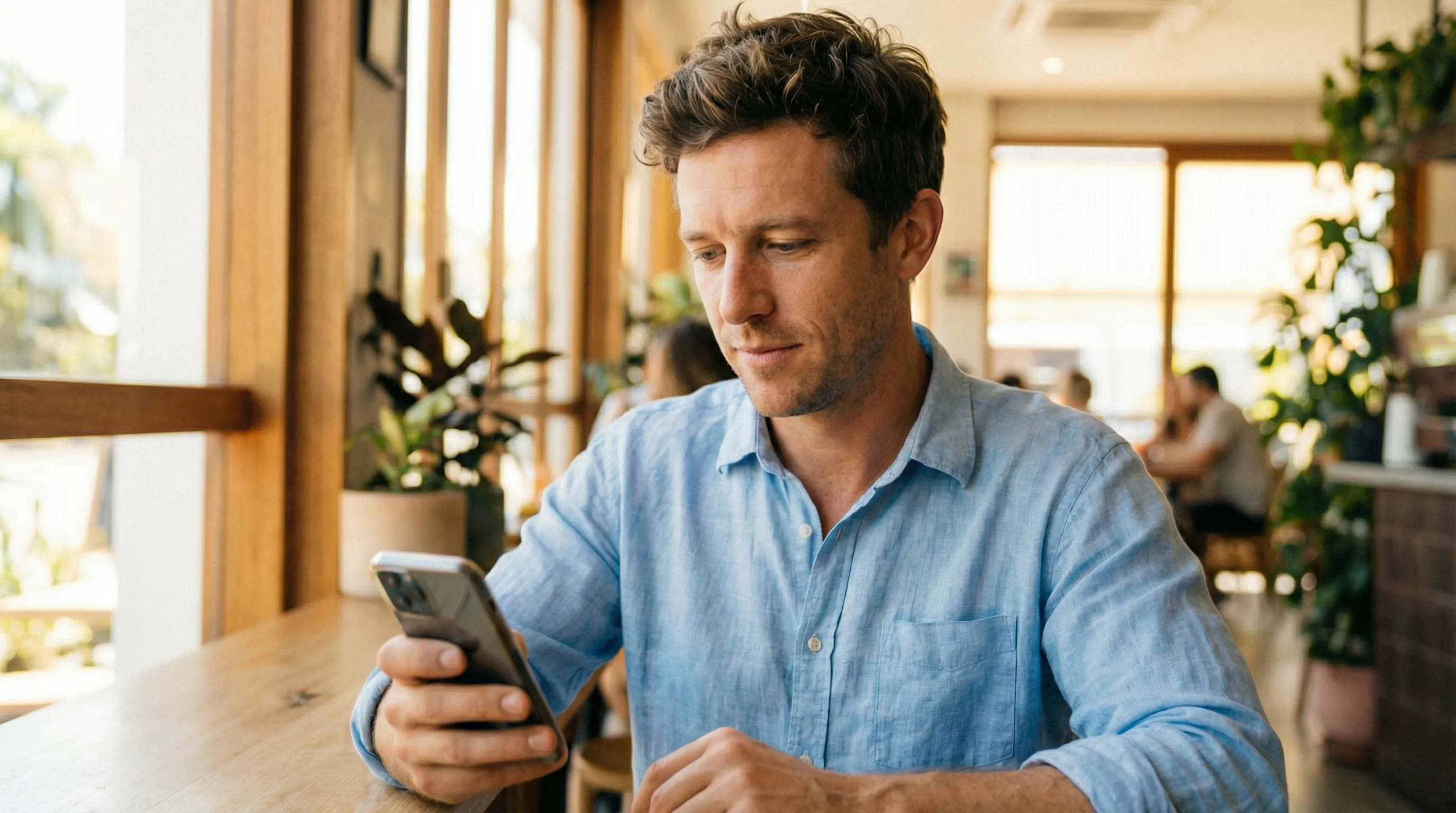 Man in his thirties scrolling on smartphone