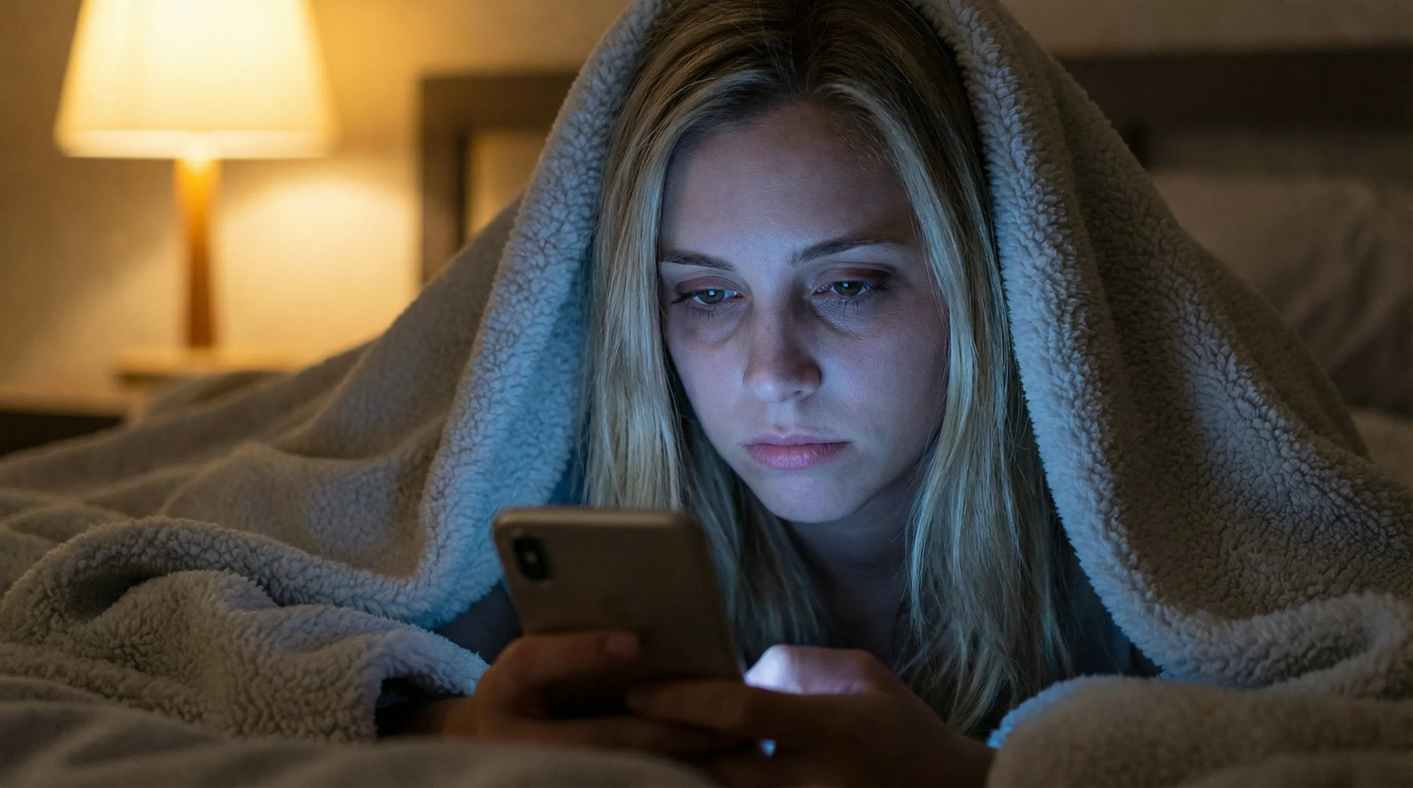 Woman using phone in bed at night showing symptoms of screen addiction and sleep disruption from blue light