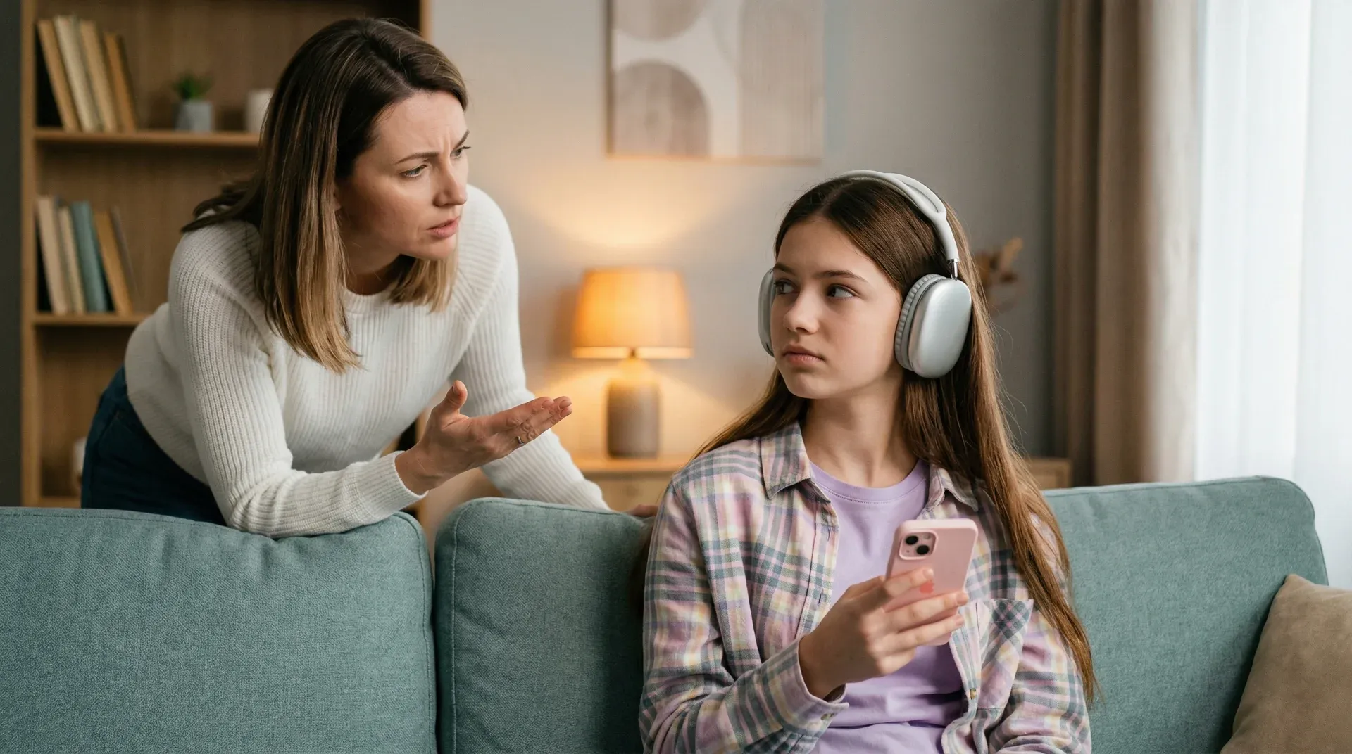 Parent and teenager sitting together having a calm conversation about phone use and screen time habits