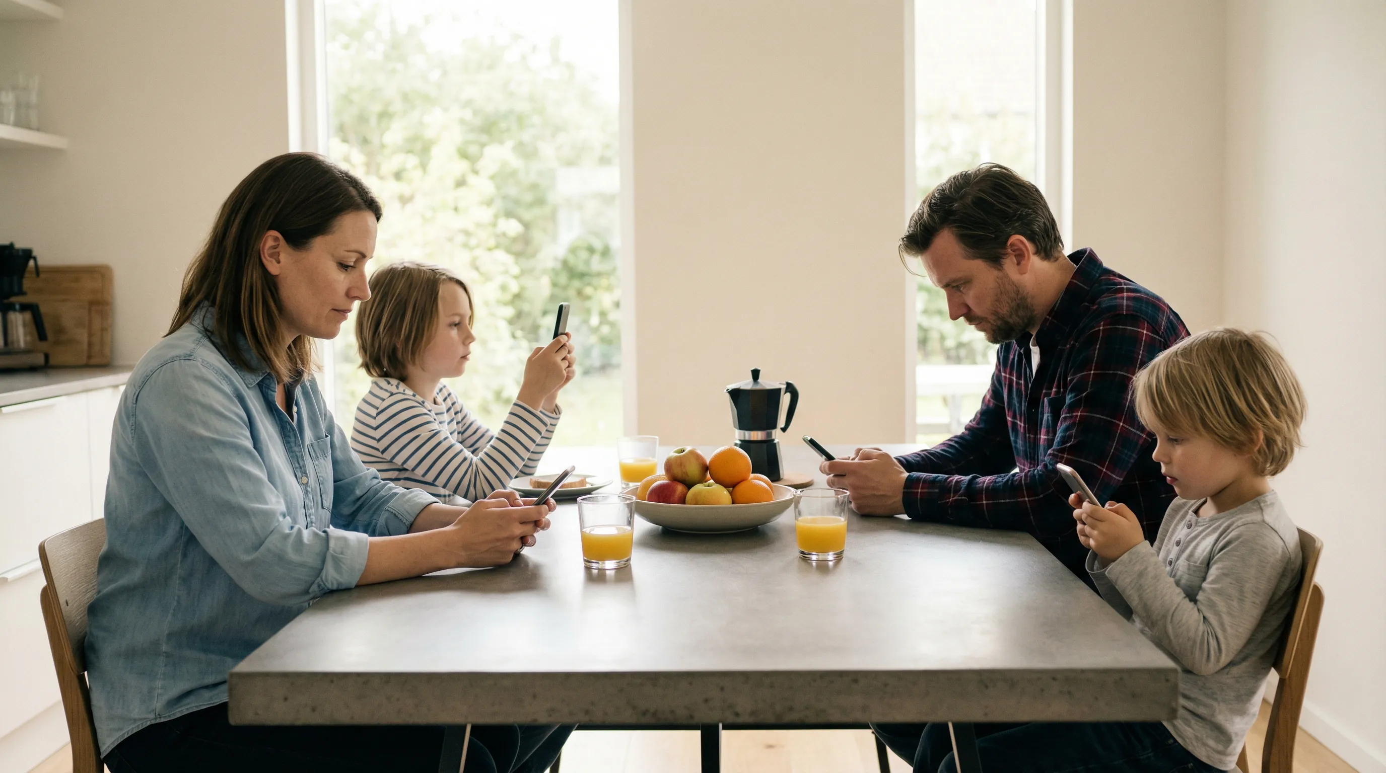 Family at breakfast table all focused on their smartphones instead of connecting
