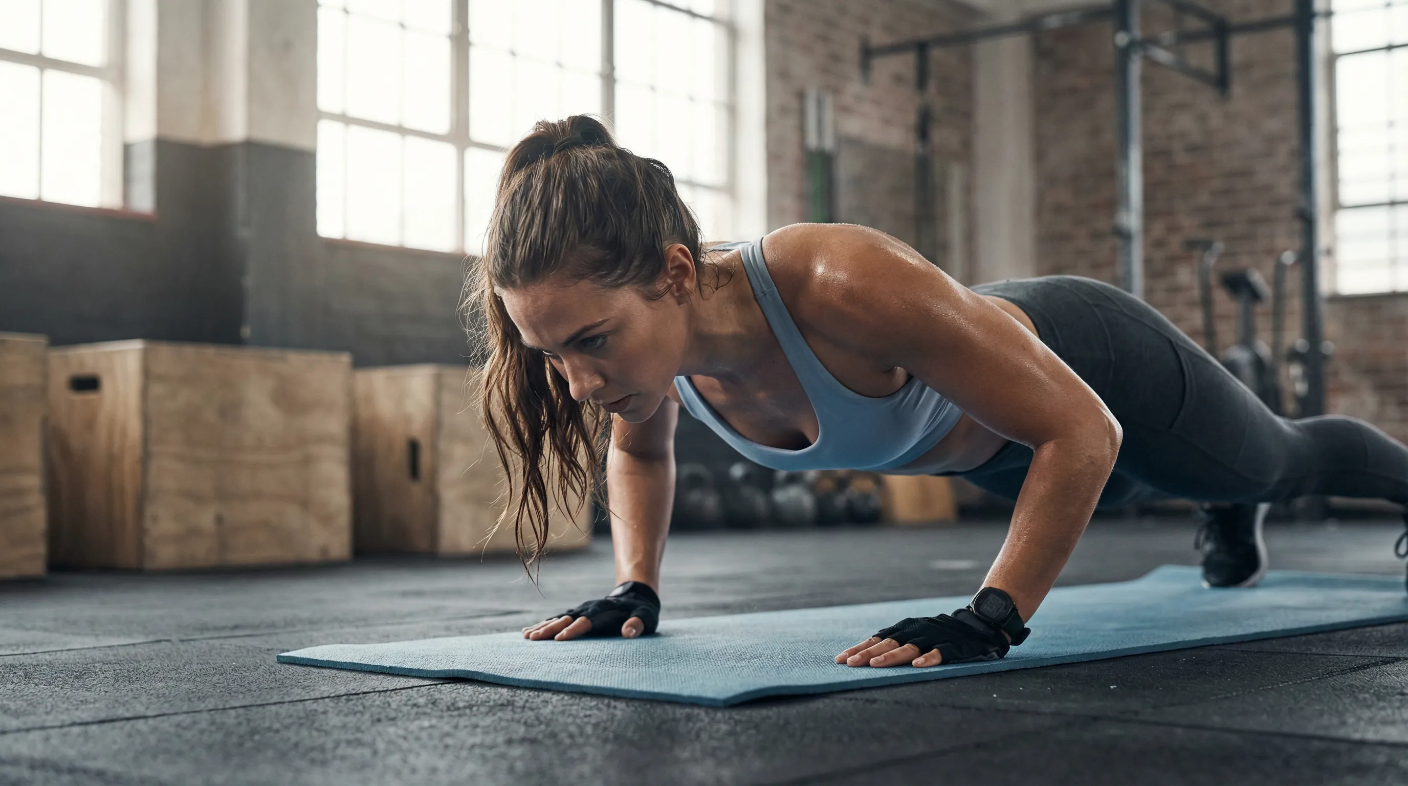 Woman doing push-ups in gym showing physical exercise as healthy alternative to screen time
