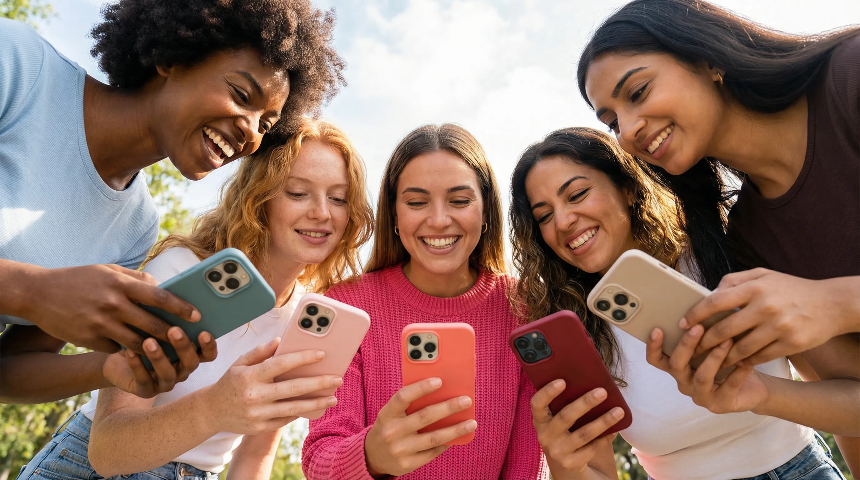 Five diverse friends smiling together with smartphones outdoors showing positive social screen time balance