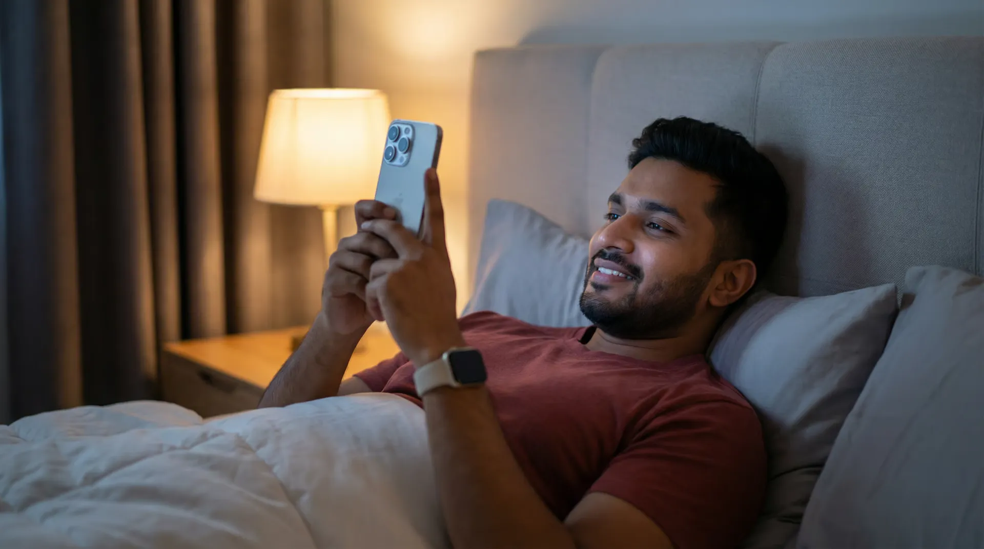 Person lying in bed at night unable to put down their phone with the screen illuminating their face