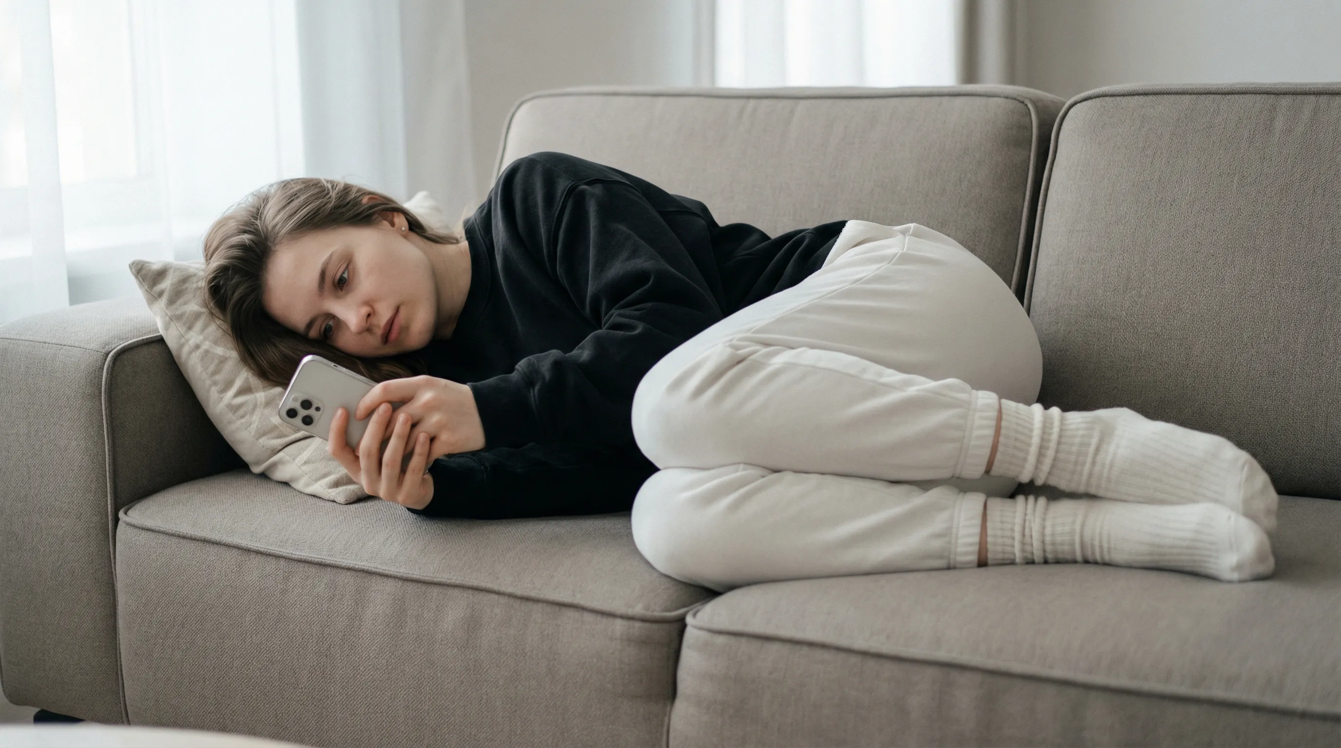 Young woman lying on couch holding smartphone compulsively