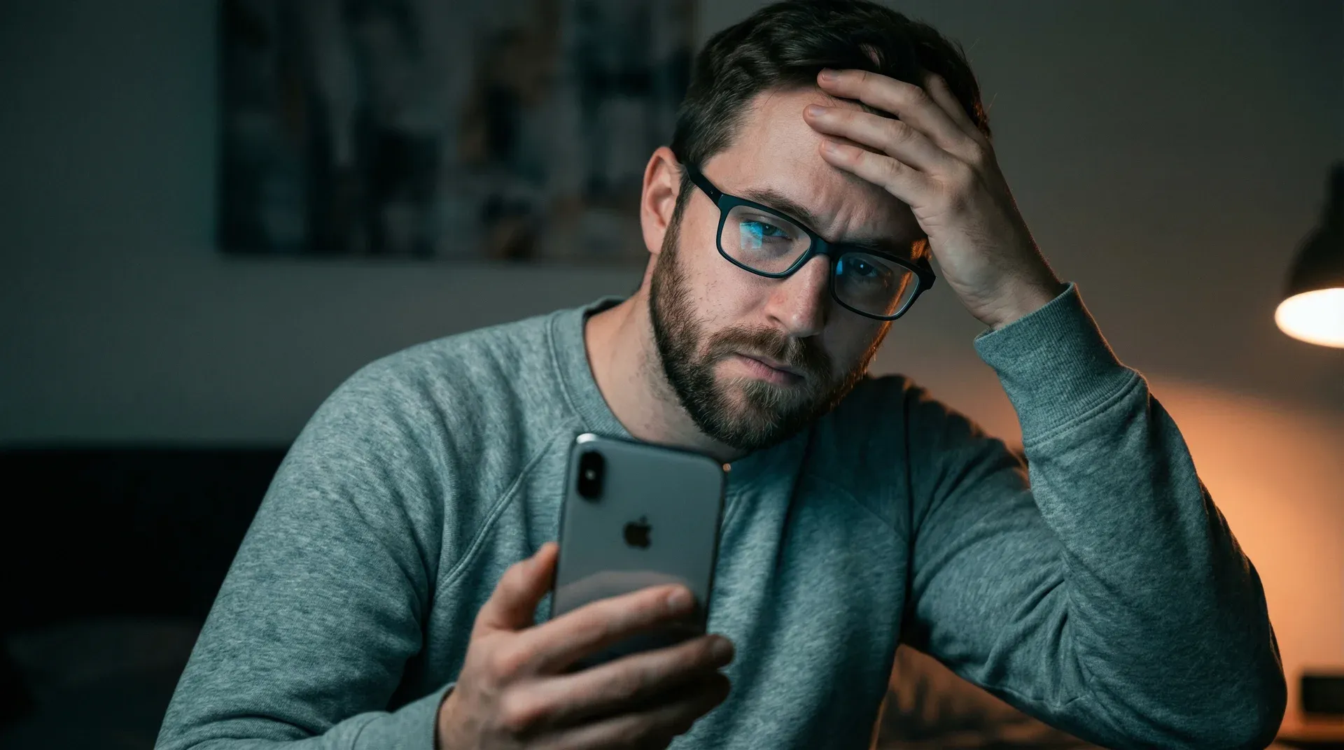 Frustrated person holding their phone and rubbing their eyes after another failed attempt to reduce screen time