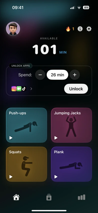 Scrolletics app exercise tracking screen with real-time rep counter