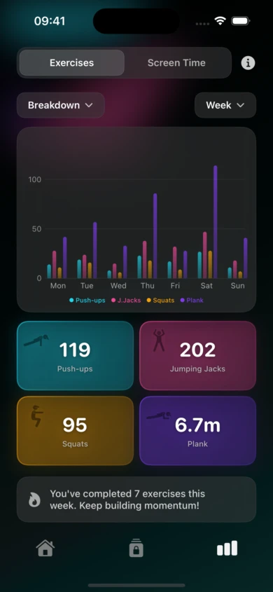 Scrolletics exercise selection interface with push-ups, squats, and planks